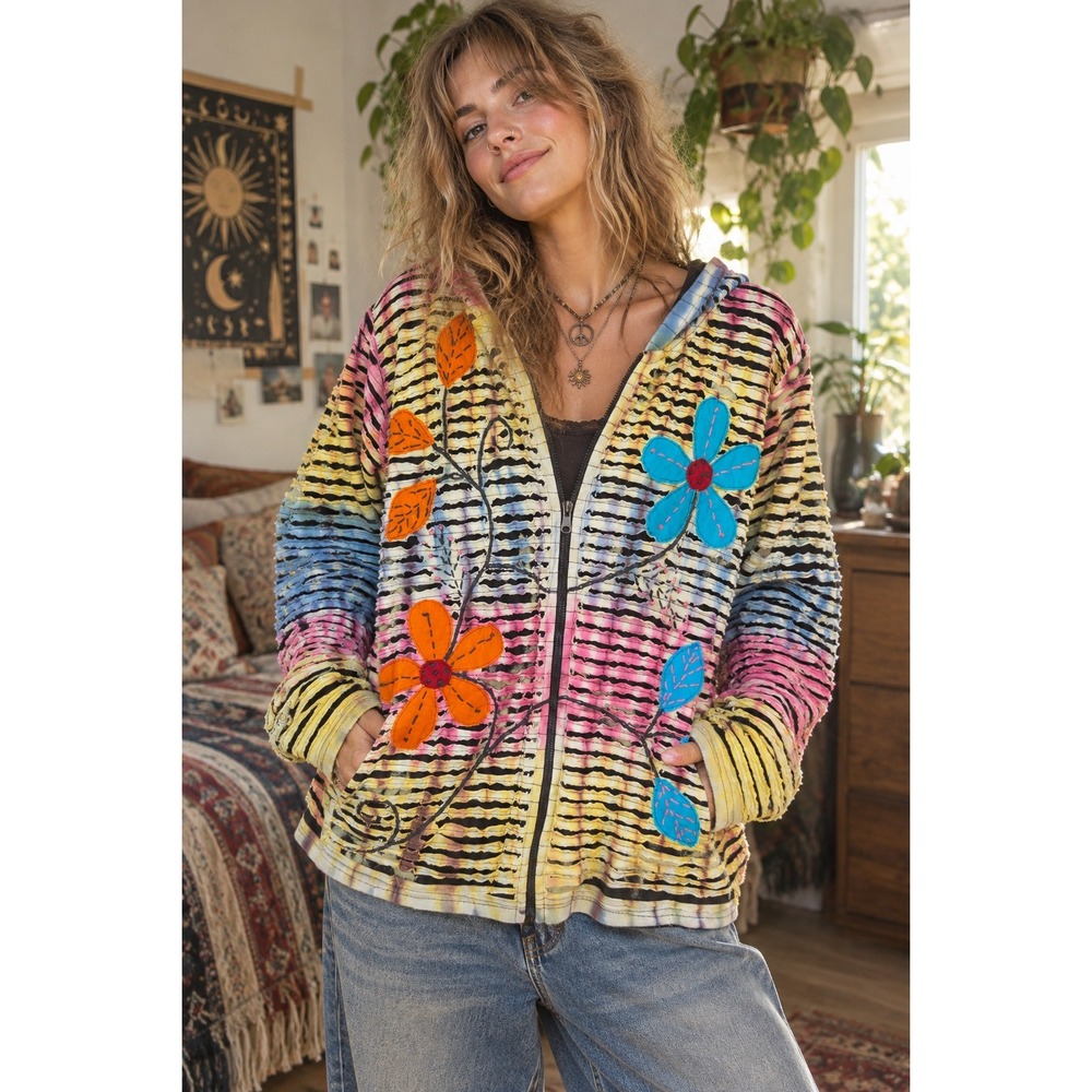 Nepal Razor Cut Tie Dye Hoodie XL Cotton Floral Hippie Art To Wear Festival